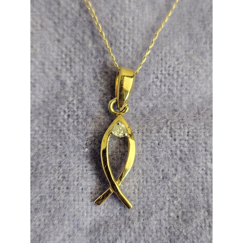 10K Gold Ichthys Christian Fish Pendant Diamond Accent 18.5" Necklace